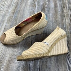 Toms Linen Pinstripe Canvas Wedges Cream Heels